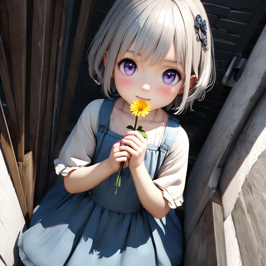 masterpiece, Highest quality, Very detailed, High resolution, An expensive solution, High resolution, 4K, 8K, ユニティ 8K 壁紙, Very detailed CG, masterpiece, Realistic, 2D, 3d, Beautiful details, depth, Fine texture, Super quality: 1.3, Fully focused, Crispy.skin, .he, Very cute anime girl about 3 , Expensive silver short hair, Girl about 3 years oldpretty blue dress, Holding flowers , looking at the camera, expensive, blush, Mole, Part your lips, hair ornaments, heart, Purple eyes、Hold a condom in your mouth、A defiant smile、Lifting her skirt, a dark alley、Sit on the air conditioner's outdoor unit