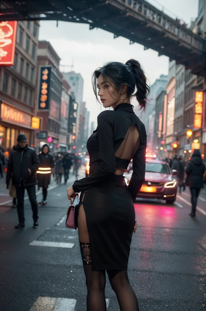 (((best quality))),(((ultra detailed))),(((masterpiece))),illustration,1girl,slim,vibrant rose-pink cotton dress,short ponytail,pantyhose,standing, bustling city streets, honking cars,surrounded by crowded crowds, colorful advertisements,enjoying sights and sounds,(dark black skin:1.5),day scene,upper body,from front,bare back,towering hips,butt crack
