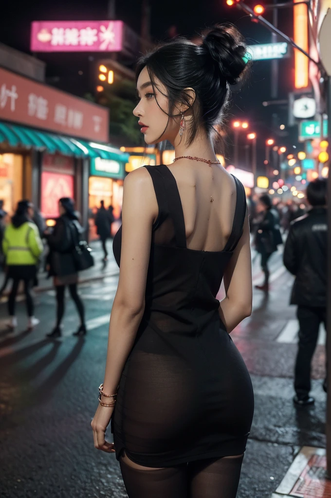(((best quality))),(((ultra detailed))),(((masterpiece))),illustration,1girl,slim,vibrant rose-pink cotton dress,short ponytail,pantyhose,standing, bustling city streets, honking cars,surrounded by crowded crowds, colorful advertisements,enjoying sights and sounds,(dark black skin:1.5),day scene,upper body,from front,bare back,towering hips,butt crack