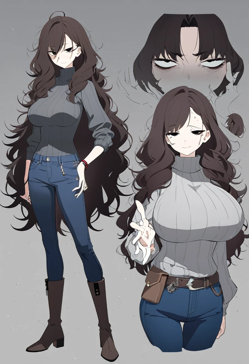 One Woman,Downer,older sister,Concept Art,Dark brown hair,Straight hair with slight inward curls,Staring eyes,Eye Ridge,black eye,Crossed bangs,whole body,smile,Larger breasts,Gray background,Bangs that reach down to the eyes,Messy hair,Tight dark jeans,Gray turtleneck sweater,Multiple views of the same character,Character Design,Dark circles under the eyes,Bad look,Listless,Sloppy,Silver Jewelry,Cafe staff,whole bodyCharacter Design,Detailed hands,Height: 170cm,boots,fleshy,