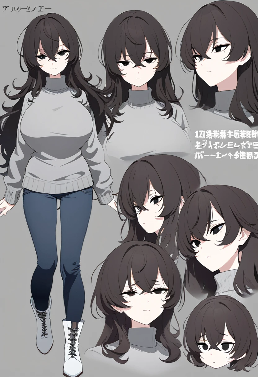 One Woman,Downer,older sister,Concept Art,Dark brown hair,Straight hair with slight inward curls,Staring eyes,Eye Ridge,black eye,Crossed bangs,whole body,smile,Larger breasts,Gray background,Bangs that reach down to the eyes,Messy hair,Tight dark jeans,Gray turtleneck sweater,Multiple views of the same character,Character Design,Dark circles under the eyes,Bad look,Listless,Sloppy,Silver Jewelry,Cafe staff,whole bodyCharacter Design,Detailed hands,Height: 170cm,boots,fleshy,