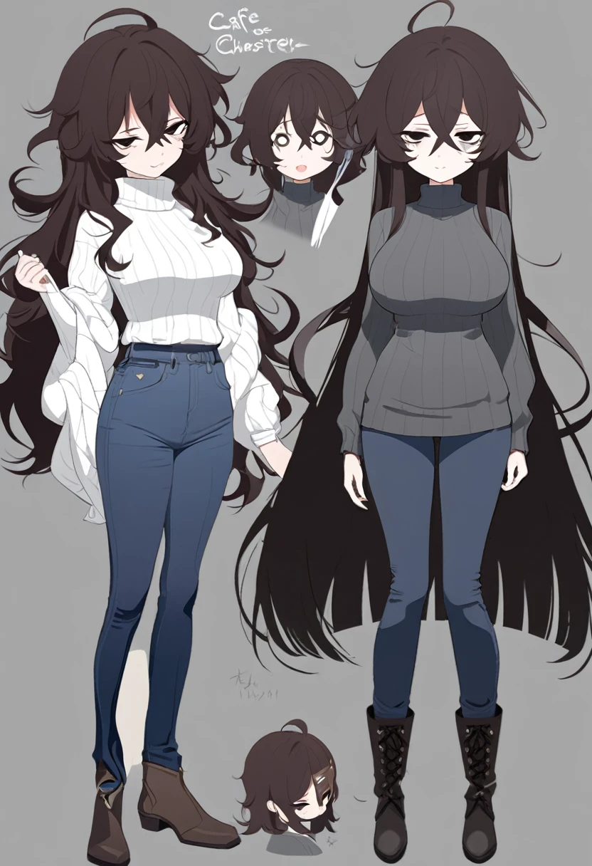 One Woman,Downer,older sister,Concept Art,Dark brown hair,Straight hair with slight inward curls,Staring eyes,Eye Ridge,black eye,Crossed bangs,whole body,smile,Larger breasts,Gray background,Bangs that reach down to the eyes,Messy hair,Tight dark jeans,Gray turtleneck sweater,Multiple views of the same character,Character Design,Dark circles under the eyes,Bad look,Listless,Sloppy,Silver Jewelry,Cafe staff,whole bodyCharacter Design,Detailed hands,Height: 170cm,boots,fleshy,