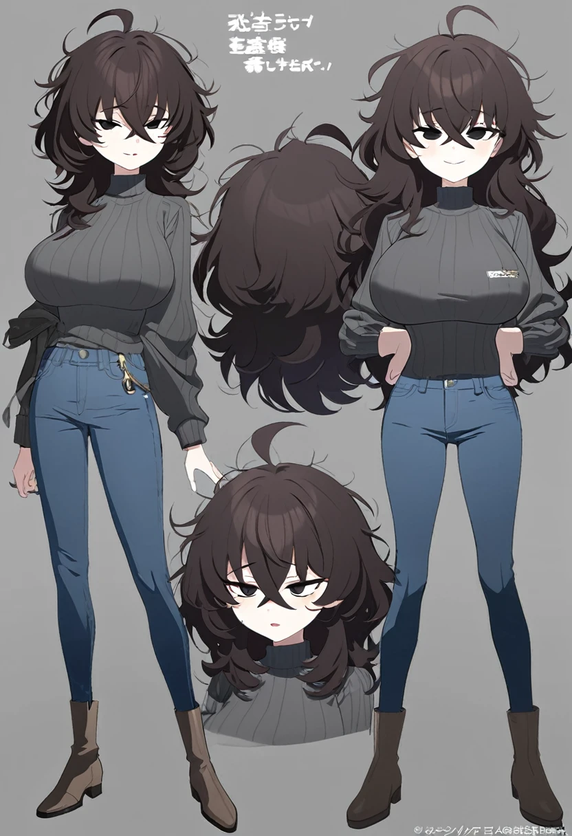One Woman,Downer,older sister,Concept Art,Dark brown hair,Straight hair with slight inward curls,Staring eyes,Eye Ridge,black eye,Crossed bangs,whole body,smile,Larger breasts,Gray background,Bangs that reach down to the eyes,Messy hair,Tight dark jeans,Gray turtleneck sweater,Multiple views of the same character,Character Design,Dark circles under the eyes,Bad look,Listless,Sloppy,Silver Jewelry,Cafe staff,whole bodyCharacter Design,Detailed hands,Height: 170cm,boots,fleshy,
