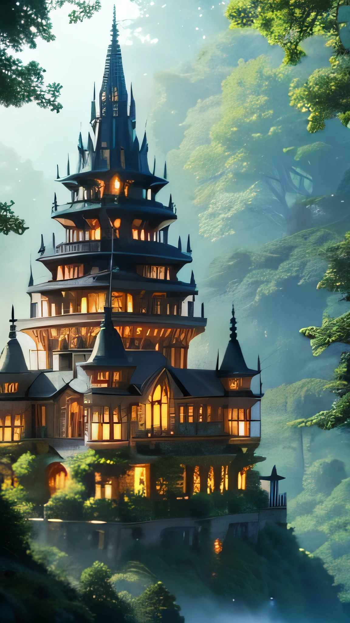 super fine illustration, top quality, forest castle, majestic structure, surrounded by dense forest, towering trees, vibrant greenery, sunlight filtering through canopy, detailed architecture, lush vegetation, serene atmosphere, fantasy style, intricate details, woodland setting, magical ambiance, nature elements, harmonious design, peaceful scene