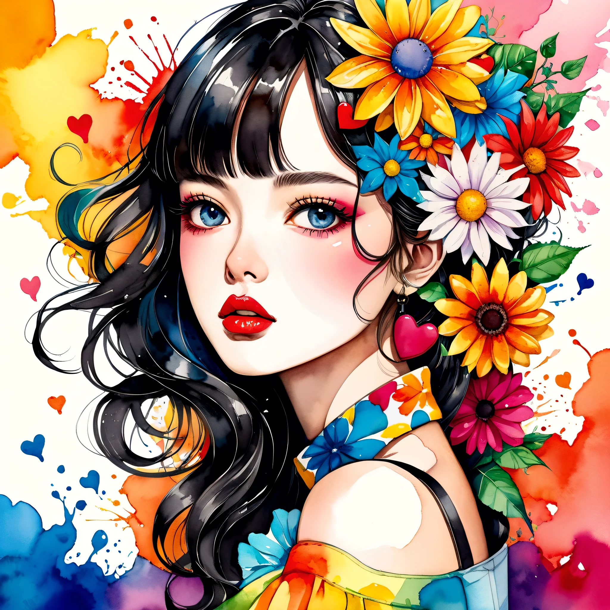 Eku Uekura Style、(((stylish fashion))), 8K Quality、Intense watercolor, Detailed watercolor art, Watercolor splash, Surreal, avant-garde pop art, Beautiful and expressive paintings, Beautiful artwork illustration, Very colorful tones, wonderful, Cool beauty, highest quality、Official Art, Vector art, Stylish design, (((The most beautiful girl))), (((highest quality))), HDR, ((detailed)), (((Doodle Art)), ((masterpiece)), ((Super detailed)), (((Colorful flowers))), colorful hearts, (((Stylish))), Lips in love