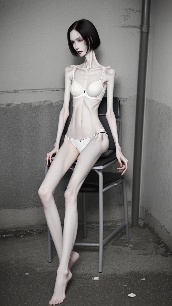 a woman, very thin body, body visible bones, very slender, pale white skin, panties, bra,tatto, full body, has a mental breakdown in an underground prison, sit on chair , crossed leg