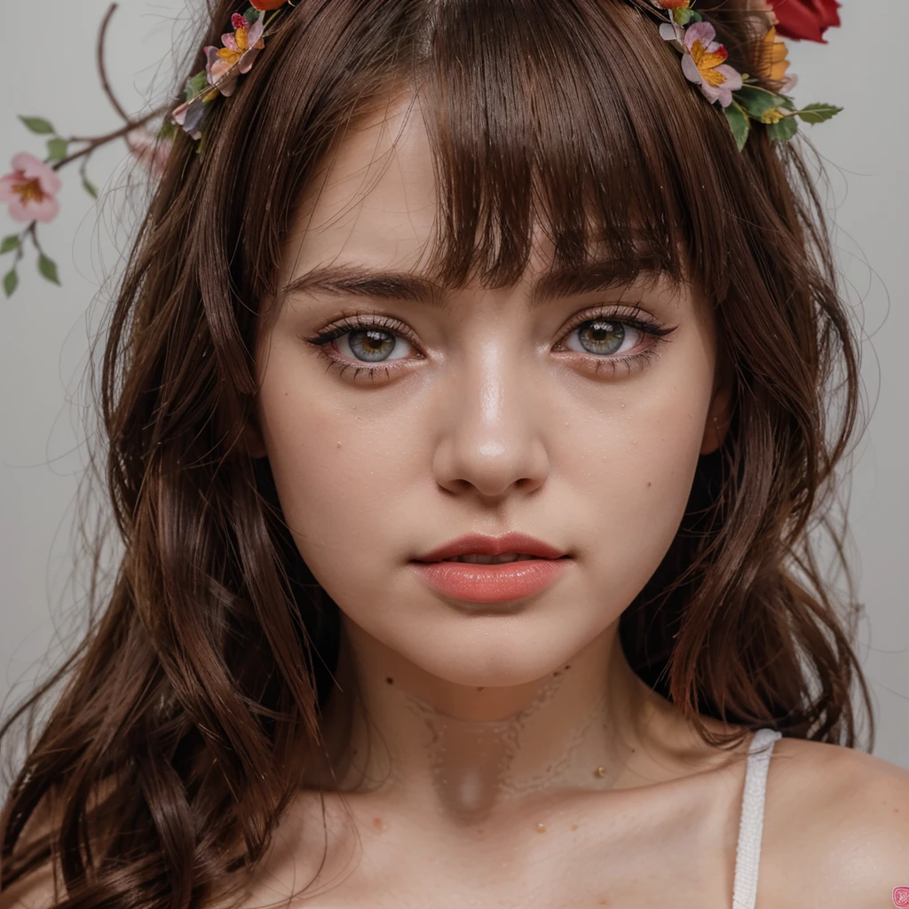 (masterpiece),(best quality:1.0), (ultra highres:1.0), detailed illustration, 8k, 1girl, beautiful anime girl, wearing a thin lace croptop, flower crown, pretty face, detailed face, beautiful eyes, detailed eyes, dark red eyes, bright red lips, red lipstick, beautiful stylish hair, highlights in hair, bangs anime style, best quality, vibrant