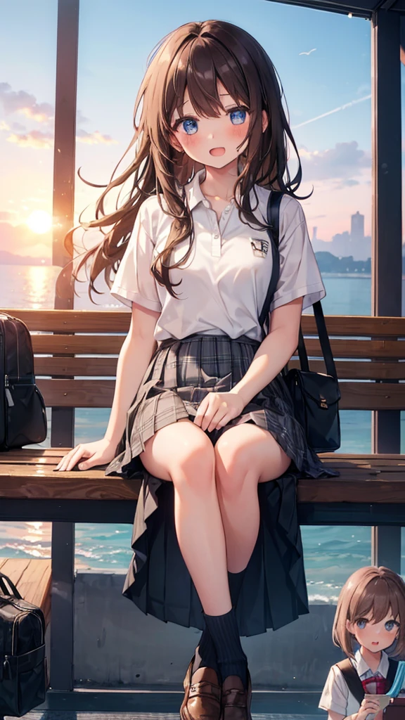 long hair, looking at viewer, blush, smile, open mouth, bangs, blue eyes, multiple girls, skirt, brown hair, shirt, black hair, short sleeves, brown eyes, long hair, sitting in sundown seashore, white polo shirt, pleated skirt, outdoors, open clothes, shoes, day, socks, striped, collared shirt, hand up, (3girls:1.4), bag, plaid, kneehighs, nose blush, plaid skirt, brown footwear, flying sweatdrops, loafers, grey skirt, school bag, diagonal stripes,