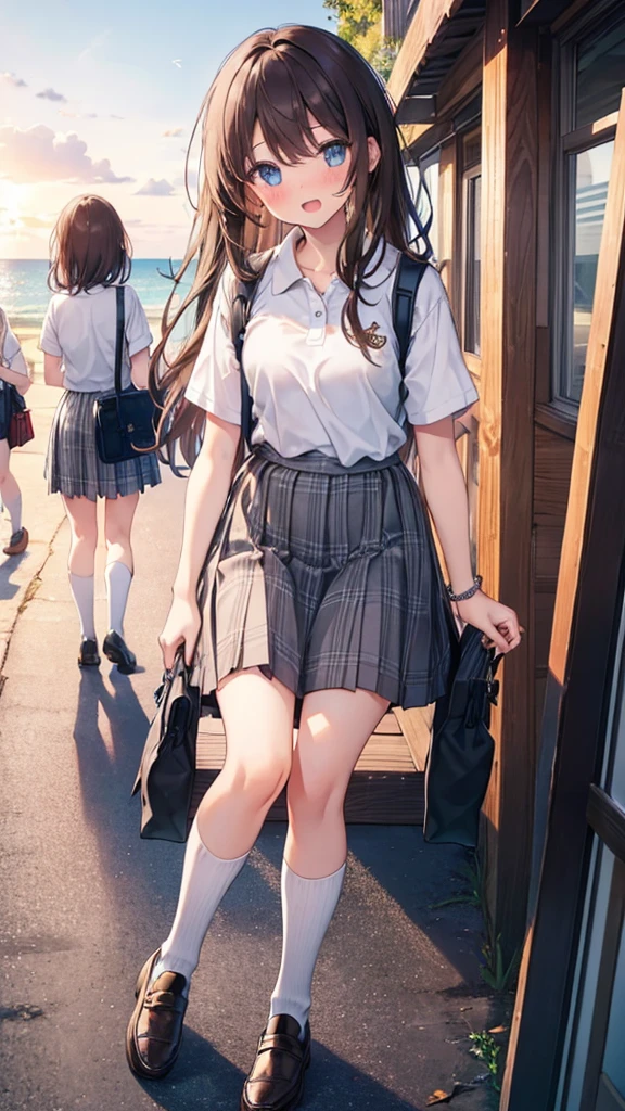 long hair, looking at viewer, blush, smile, open mouth, bangs, blue eyes, multiple girls, skirt, brown hair, shirt, black hair, short sleeves, brown eyes, long hair, sitting in sundown seashore, white polo shirt, pleated skirt, outdoors, open clothes, shoes, day, socks, striped, collared shirt, hand up, (3girls:1.4), bag, plaid, kneehighs, nose blush, plaid skirt, brown footwear, flying sweatdrops, loafers, grey skirt, school bag, diagonal stripes,