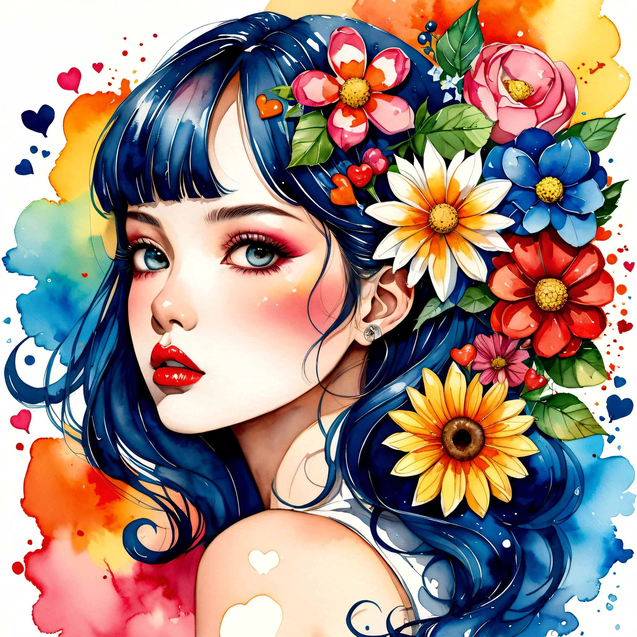 Eku Uekura Style、(((stylish fashion))), 8K Quality、Intense watercolor, Detailed watercolor art, Watercolor splash, Surreal, avant-garde pop art, Beautiful and expressive paintings, Beautiful artwork illustration, Very colorful tones, wonderful, Cool beauty, highest quality、Official Art, Vector art, Stylish design, (((The most beautiful girl))), (((highest quality))), HDR, ((detailed)), (((Doodle Art)), ((masterpiece)), ((Super detailed)), (((Colorful flowers))), colorful hearts, (((Stylish))), Lips in love