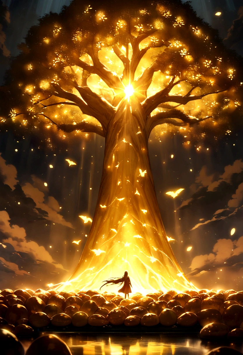 A big tree,It is covered with golden and shiny fruits,A bird with shining golden wings flies beside it
