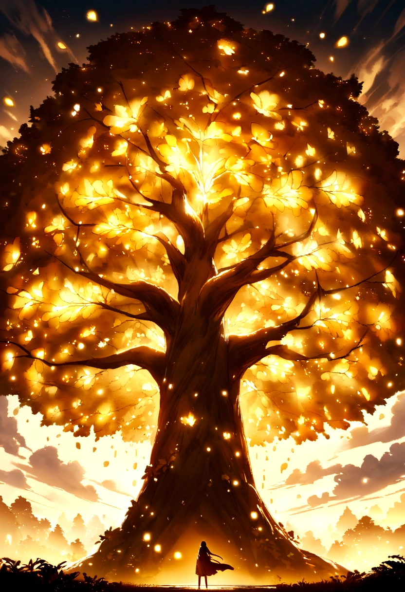 A big tree，It is covered with golden and shiny fruits，A bird with shining golden wings flies beside it