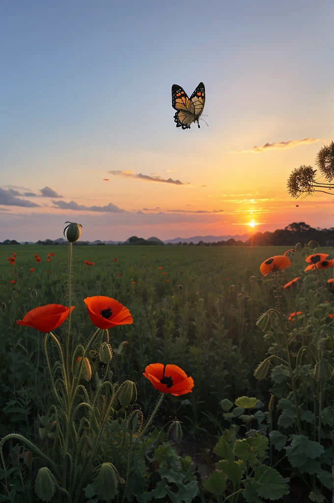 Poppy plant and a butterfly on it with a beautiful sunset 