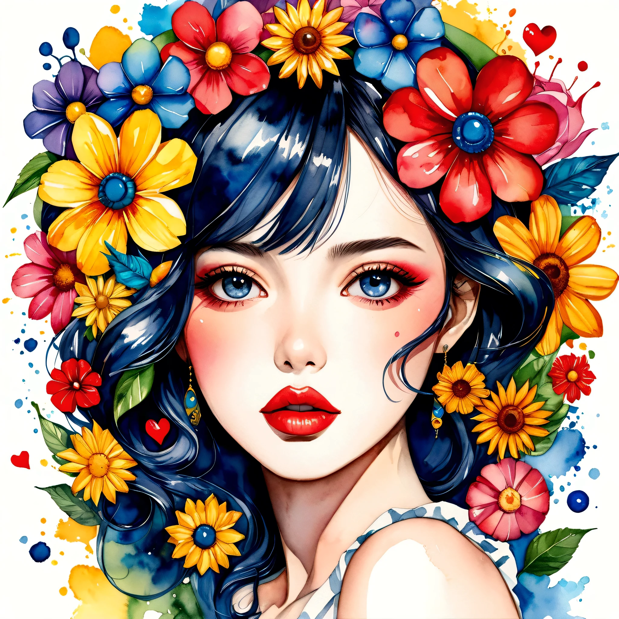 Eku Uekura Style、(((stylish fashion))), 8K Quality、Intense watercolor, Detailed watercolor art, Watercolor splash, Surreal, avant-garde pop art, Beautiful and expressive paintings, Beautiful artwork illustration, Very colorful tones, wonderful, Cool beauty, highest quality、Official Art, Vector art, Stylish design, (((The most beautiful girl))), (((highest quality))), HDR, ((detailed)), (((Doodle Art)), ((masterpiece)), ((Super detailed)), (((Colorful flowers))), colorful hearts, (((Stylish))), Lips in love