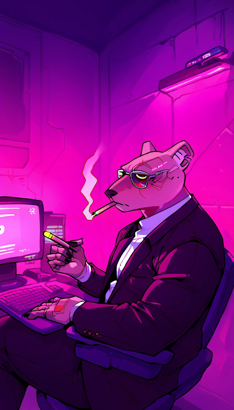 score_9, score_8_up, score_7_up, (cyberpunk city, night room, basement, wall of monitors, computers, hacker lair:1.5),
((mole:1.2), anthro, solo, male, sitting in an armchair, (smoking cirage:1.2), ((wears smoking, business suit)), mafia mole boss, glasses, scars, bald head, beautiful, (wears cyberpunk additions, without an eyes:1.5)