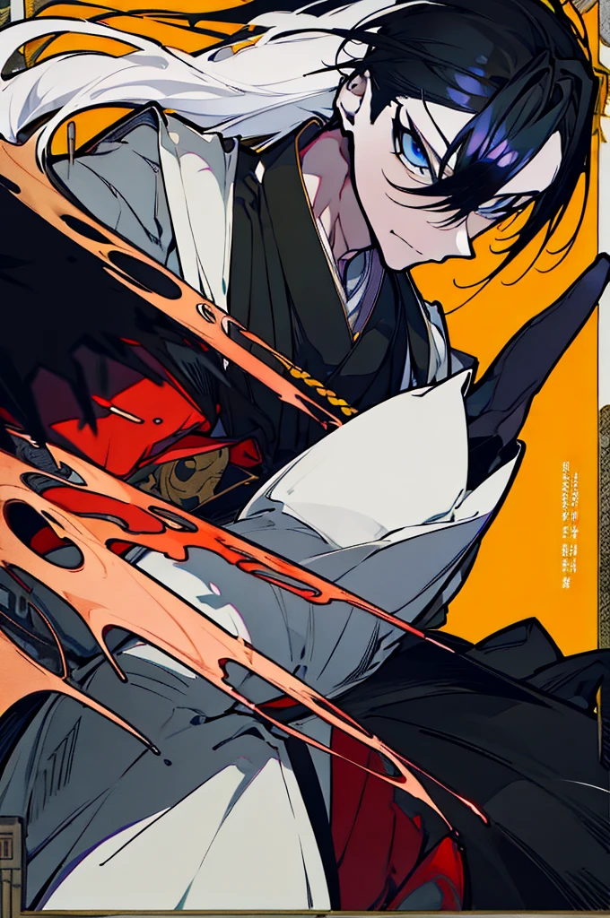 a close up of a person with a sword and a guy with a red dress, handsome guy in demon slayer art, best anime character design, detailed anime character art, anime character; full body art, anime character design a death god, character adoptable, handsome japanese demon boy, golden + concept art, official character art, onmyoji detailed art, beautiful male god of death a close up of a person in a black dress with a gold belt, flowing white robes, white haired deity, genshin impact character, golden-black robes, picture of a male samurai and death god, d&d dark sun character art, official character art, portrait of ororo munroe, holding a katana, holding a katana, holding a katana, holding a katana, holding a katana,golden effects, golden effects, effects, golden effects,black hair, black hair, black hair, black hair, black hair, golden effects, golden effects, BLUE eyes, BLUE eyes, BLUE eyes, BLUE eyes