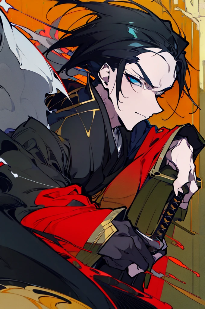 a close up of a person with a sword and a guy with a red dress, handsome guy in demon slayer art, best anime character design, detailed anime character art, anime character; full body art, anime character design a death god, character adoptable, handsome japanese demon boy, golden + concept art, official character art, onmyoji detailed art, beautiful male god of death a close up of a person in a black dress with a gold belt, flowing white robes, white haired deity, genshin impact character, golden-black robes, picture of a male samurai and death god, d&d dark sun character art, official character art, portrait of ororo munroe, holding a katana, holding a katana, holding a katana, holding a katana, holding a katana,golden effects, golden effects, effects, golden effects,black hair, black hair, black hair, black hair, black hair, golden effects, golden effects, BLUE eyes, BLUE eyes, BLUE eyes, BLUE eyes