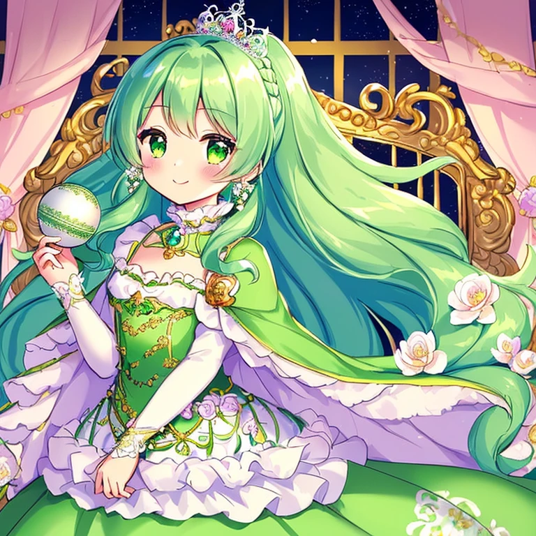 (looking at viewer),(kawaii),(best quality),(ultra detailed), upper body,(rococo style),(long train pastel green cape:1.15), very long cape,(long train white ball gown with flower decorations:1.1), a girl is wearing a cape over her gown, 1 little princess, tiara, smile, small breasts, very long hair, night