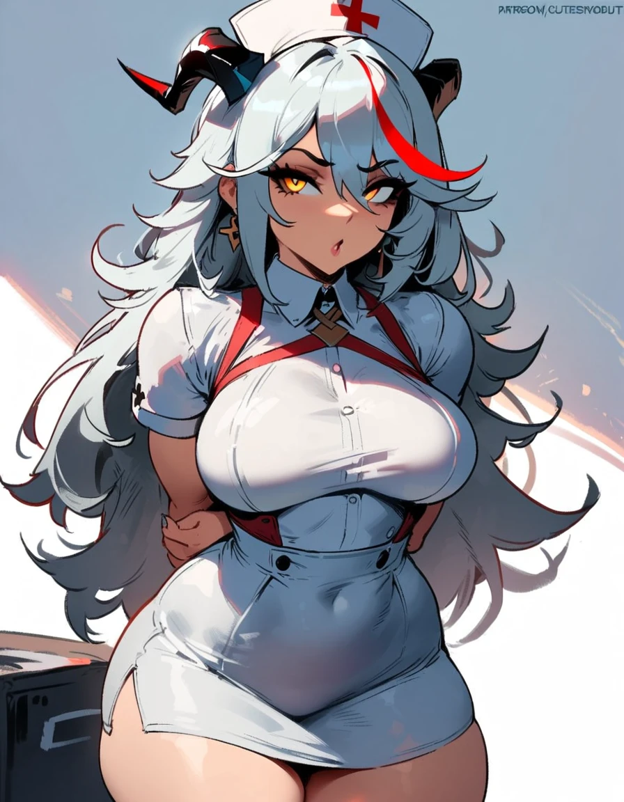 1girl, aegir \(azur lane\), azur lane \\\\\ masterpiece, best quality, very aesthetic, absurdres, newest \\\\\\ sportive body, \\\\\\ by nyantcha,,by cutesexyrobutts,by khyle ///// white hair with a single prominent red streak, black horns, yellow eyes, , white background, white (nurse outfit:1.2), skirt, standing, white pencil skirt, nurse cap, hands behind back