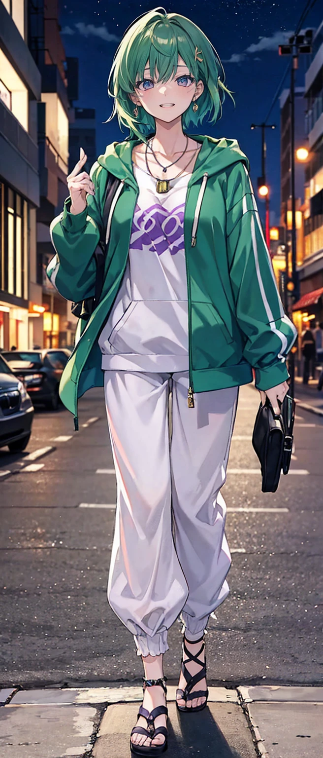 High resolution, high resolution,2D Anime Style,,Cool woman,Mature look,,20th Generation,Medium Hair,Green Hair,Purple Eyes,Beautiful watch,Beautiful earrings,Beautiful necklace,Street fashion,Oversized hoodie,Long wide pants,,He is smiling a little,night,I have a guitar,