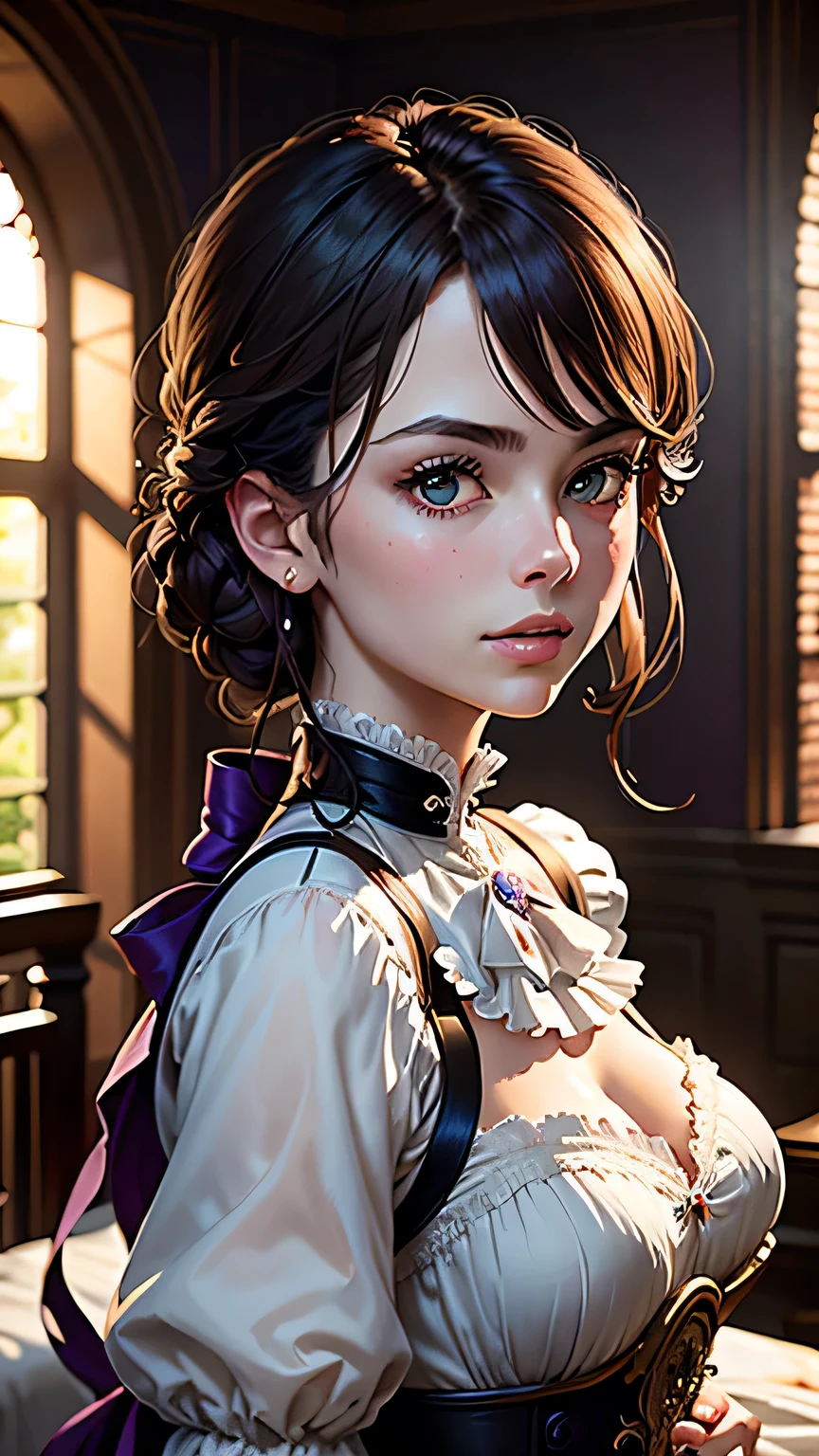 masterpiece, Highest quality, (8K wallpapers incorporating highly detailed CG), (Highest quality), (Best illustrations), (Best Shadow), (Stable Diffusion Model), Violet Evergarden, Sparkling, beautiful, victorian style bedroom, Dynamic Lighting, Written boundary depth､((Upper body portrait))､Upper body portrait