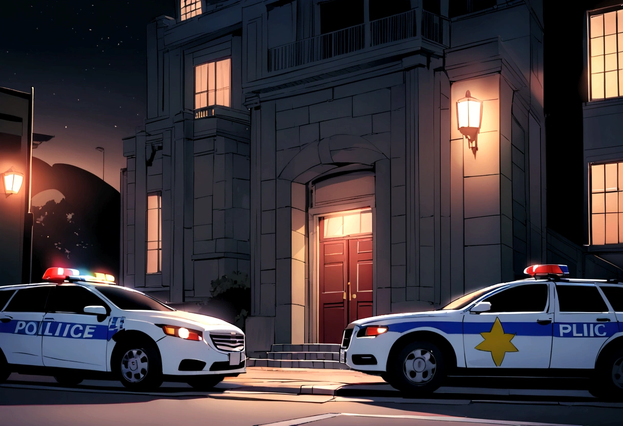 Police station entrance at night，The house is brightly lit，There are police cars and ambulances at the steps outside the door.