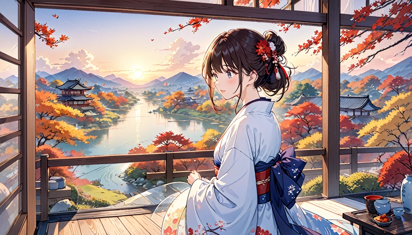 autumn、evening、Japanese style、Japanese Landscape、Transparency、Emotional、Fantasy、Every detail、evening、Sunset