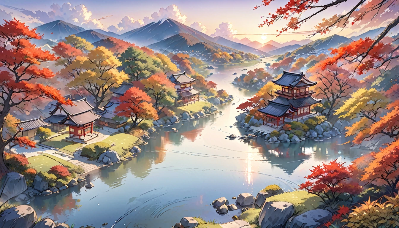 autumn、evening、Japanese style、Japanese Landscape、Transparency、Emotional、Fantasy、Every detail、evening、Sunset