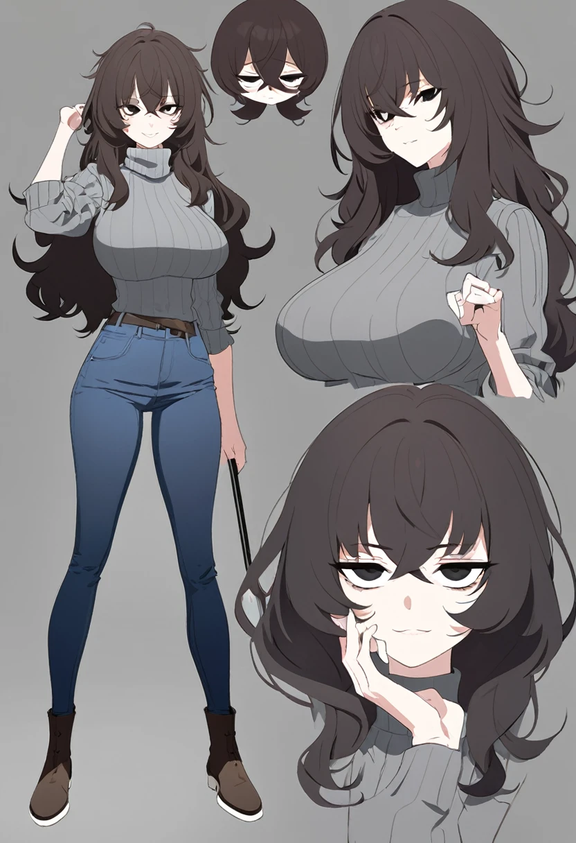 One Woman,Downer,older sister,Concept Art,Dark brown hair,Straight hair with slight inward curls,Staring eyes,Eye Ridge,black eye,Crossed bangs,whole body,smile,Larger breasts,Gray background,Bangs that reach down to the eyes,Messy hair,Tight dark jeans,Gray turtleneck sweater,Multiple views of the same character,Character Design,Dark circles under the eyes,Bad look,Listless,Sloppy,Silver Jewelry,Cafe staff,whole bodyCharacter Design,Detailed hands,Height: 170cm,boots,fleshy,
