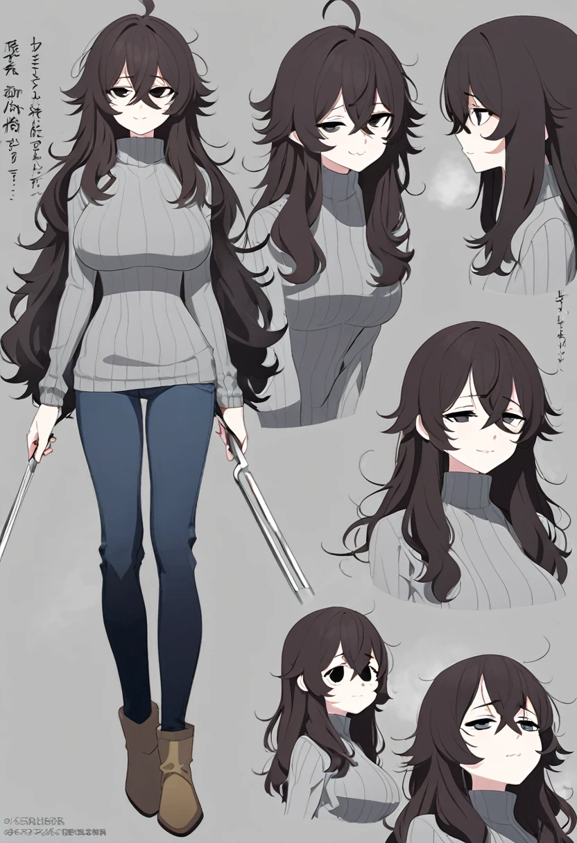 One Woman,Downer,older sister,Concept Art,Dark brown hair,Straight hair with slight inward curls,Staring eyes,Eye Ridge,black eye,Crossed bangs,whole body,smile,Larger breasts,Gray background,Bangs that reach down to the eyes,Messy hair,Tight dark jeans,Gray turtleneck sweater,Multiple views of the same character,Character Design,Dark circles under the eyes,Bad look,Listless,Sloppy,Silver Jewelry,Cafe staff,whole bodyCharacter Design,Detailed hands,Height: 170cm,boots,fleshy,