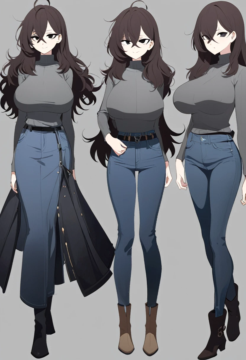 One Woman,Downer,older sister,Concept Art,Dark brown hair,Straight hair with slight inward curls,Staring eyes,Eye Ridge,black eye,Crossed bangs,whole body,smile,Larger breasts,Gray background,Bangs that reach down to the eyes,Messy hair,Tight dark jeans,Gray turtleneck sweater,Multiple views of the same character,Character Design,Dark circles under the eyes,Bad look,Listless,Sloppy,Silver Jewelry,Cafe staff,whole bodyCharacter Design,Detailed hands,Height: 170cm,boots,fleshy,