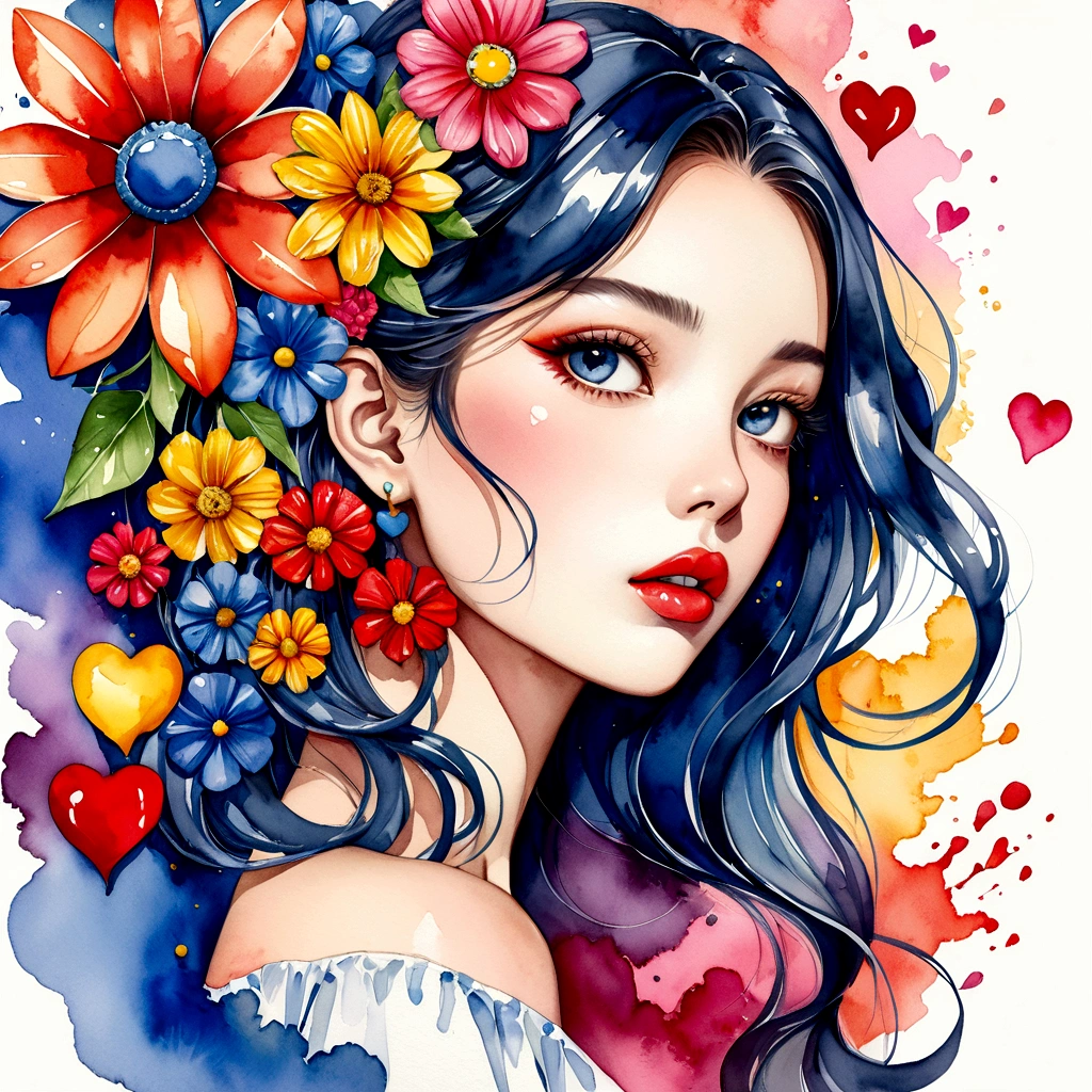 Mai Yoneyama Style、(((stylish fashion))), 8K Quality、Intense watercolor, Detailed watercolor art, Watercolor splash, Surreal, avant-garde pop art, Beautiful and expressive paintings, Beautiful artwork illustration, Very colorful tones, wonderful, Cool beauty, highest quality、Official Art, Vector art, Stylish design, (((The most beautiful girl))), (((highest quality))), HDR, ((detailed)), (((Doodle Art)), ((masterpiece)), ((Super detailed)), (((Colorful flowers))), colorful hearts, (((Stylish))), Lips in love
