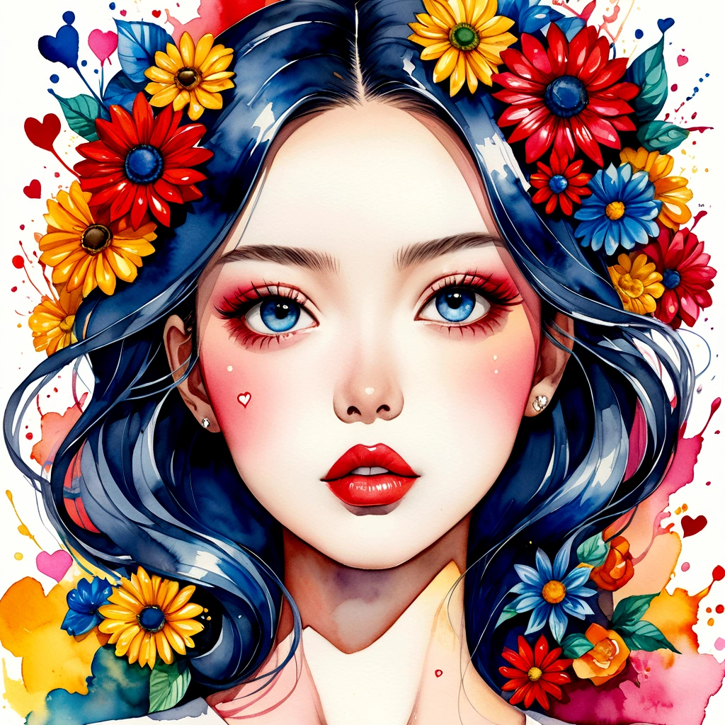 Mai Yoneyama Style、(((stylish fashion))), 8K Quality、Intense watercolor, Detailed watercolor art, Watercolor splash, Surreal, avant-garde pop art, Beautiful and expressive paintings, Beautiful artwork illustration, Very colorful tones, wonderful, Cool beauty, highest quality、Official Art, Vector art, Stylish design, (((The most beautiful girl))), (((highest quality))), HDR, ((detailed)), (((Doodle Art)), ((masterpiece)), ((Super detailed)), (((Colorful flowers))), colorful hearts, (((Stylish))), Lips in love