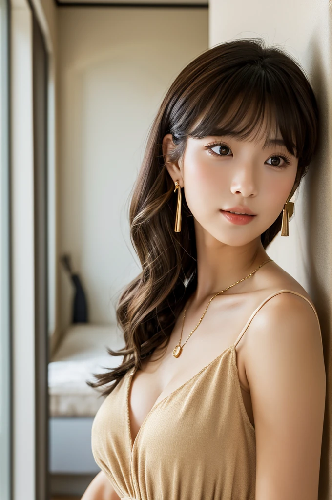 Apartment hallway,Hairdresser,((full body)),((photo)),((best qualtiy, 8K, tmasterpiece:1.3)), Focus:1.2, perfect figure beautiful girl:1.4,1girl,cowboy shot,look at viewer,incredibly absurd, beautiful and cute girl with a photorealistic face, showcasing top-quality craftsmanship, A Japanese woman standing in front of the door to her apartment, 23 years old, short hair, bangs straight above her eyebrows in a simple bang, soft waves, light brown hair, fair skin, clear skin, baby face, round double eyelids, light brown eyes, long upturned eyelashes, small straight nose, small mouth, plump lips, beautiful teeth, dimples, soft skin, , delicate, plump, A-cup small breasts, beige loose silhouette dress, brown sandals, small gold earrings and necklace, cigarette, beautiful girl, pure, soothing, husky voice, calm, curious, laid-back, April