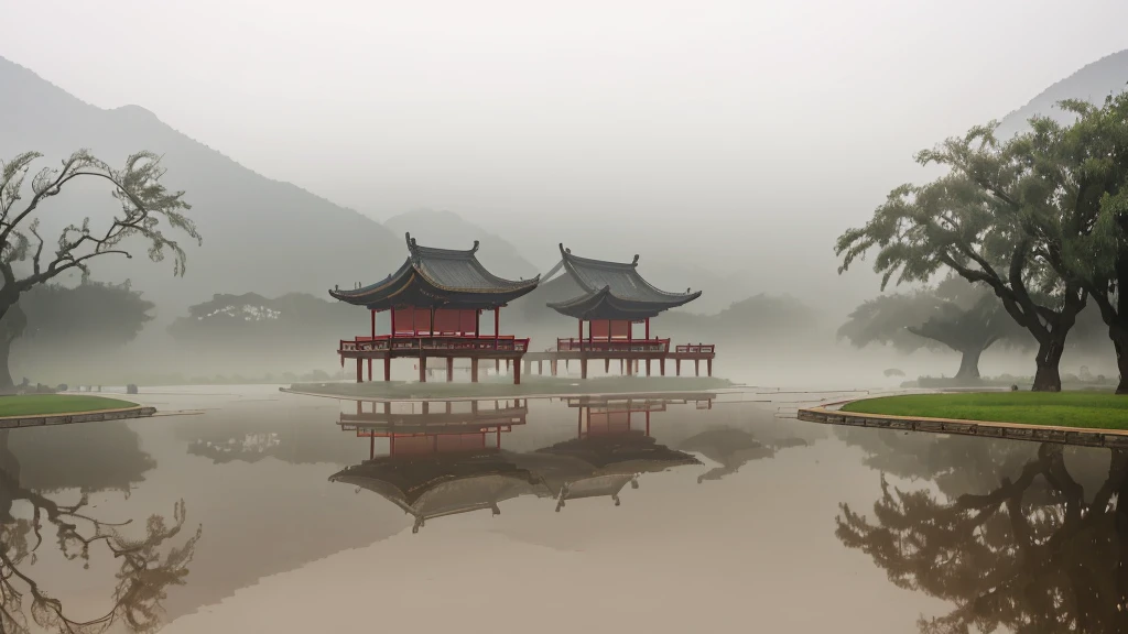 South of the Yangtze, the rain drips down on the willow branches, while in the distance, the pavilions appear faintly through the mist, like a traditional Chinese ink painting. The lighting is soft, captured with a long focal length lens and low saturation, creating a tranquil and detailed texture, enveloped in a mysterious beauty.,,in clothes