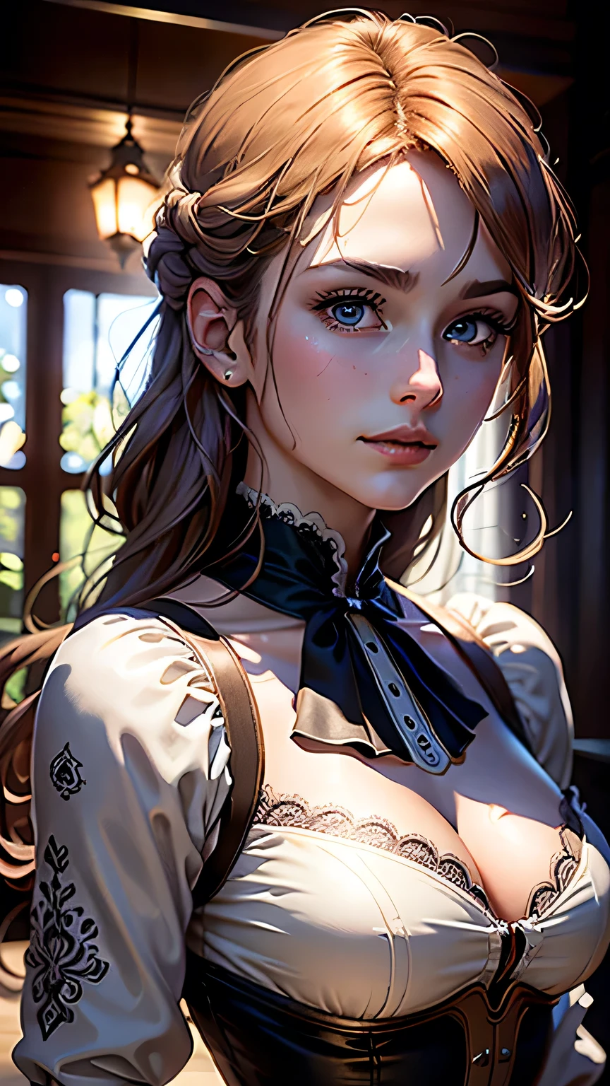 masterpiece, Highest quality, (8K wallpapers incorporating highly detailed CG), (Highest quality), (Best illustrations), (Best Shadow), (Stable Diffusion Model), Violet Evergarden, Sparkling, beautiful, victorian style bedroom, Dynamic Lighting, Written boundary depth、((Upper body portrait))、Upper body portrait
