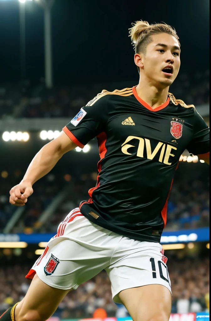 male japanese soccer player in a black jersey, 21 years old, white skin, blonde, man bun hairstyle, celebrating a goal, in a full stadium, japanese, hyper detailed, (best quality,4k,8k,highres,masterpiece:1.2),ultra-detailed,(realistic,photorealistic,photo-realistic:1.37),HDR,UHD,studio lighting,ultra-fine painting,sharp focus,physically-based rendering,extreme detail description,professional,vivid colors,bokeh,sports,action,motion blur,crowd cheering,dramatic lighting
