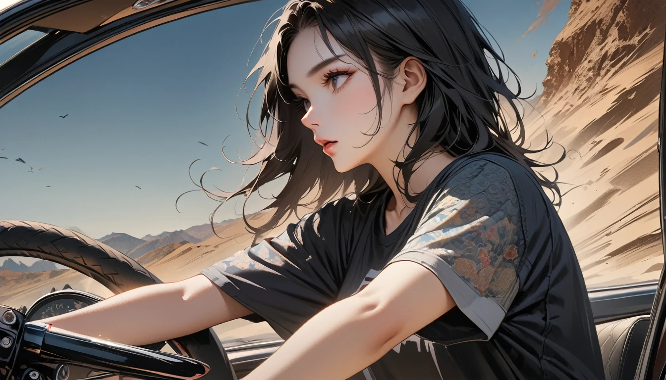 ((())), ((8k of extremely detailed CG unit, Masterpiece, high resolution, highest quality, highest quality real texture skin)), (((Driving an American motorcycle))), ((1 girl)), (Japanese pattern Tシャツ, denim), (Black hair, messy hair, beige skin), (surreal, digital painting)