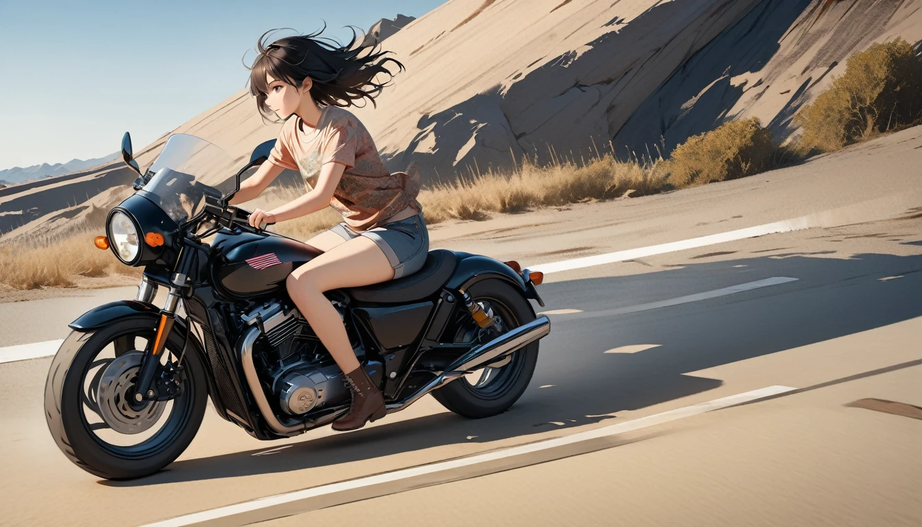 (((from behind))), ((8k of extremely detailed CG unit, Masterpiece, high resolution, highest quality, highest quality real texture skin)), (((Driving an American motorcycle))), ((1 girl)), (Japanese pattern Tシャツ, denim), (Black hair, messy hair, beige skin), (surreal, digital painting)
