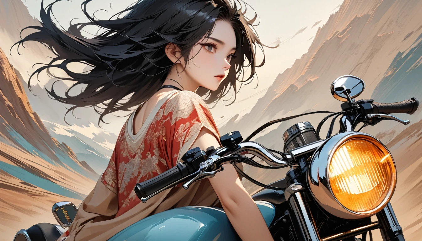 (((from behind))), ((8k of extremely detailed CG unit, Masterpiece, high resolution, highest quality, highest quality real texture skin)), (((Driving an American motorcycle))), ((1 girl)), (Japanese pattern Tシャツ, denim), (Black hair, messy hair, beige skin), (surreal, digital painting)