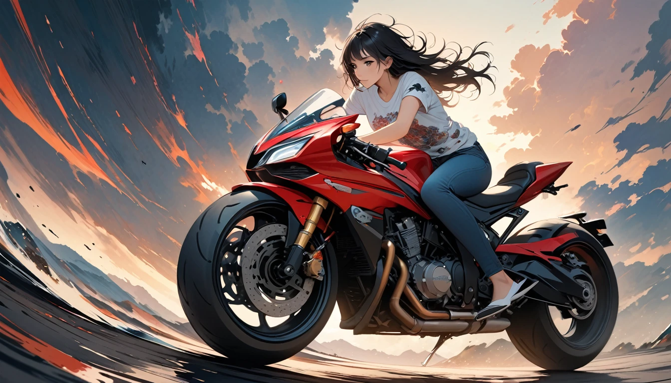 ((())), ((8k of extremely detailed CG unit, Masterpiece, high resolution, highest quality, highest quality real texture skin)), (((Driving an American motorcycle))), ((1 girl)), (Japanese pattern Tシャツ, denim), (Black hair, messy hair, beige skin), (surreal, digital painting)