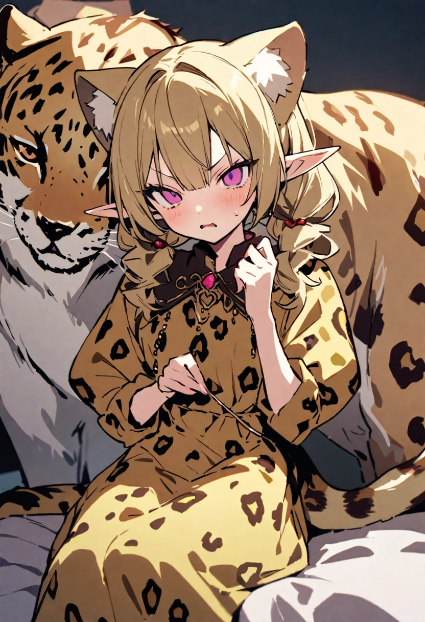 masterpiece, Highest quality, Illustration of the novel, High resolution, 18+ Adult content, Sensual, Intimate, Emotional, Passionate, romantic, sweet, Adorable, Innocent, Pure, charmな, charmな, charm, mysterious, charmな, charmな, Immersive, charmな, dream-like, Surreal, Imaginative, Whimsical, Artistic, Avant-garde, timeless, elegant, Sophisticated, chic, Sophisticated, Personality, original, charmな,((Loli Elf:1.3)),((A look of disgust:1.3))、Upper Body、(A Cheetah/A cheetah/Cheetah Dress:1.3)