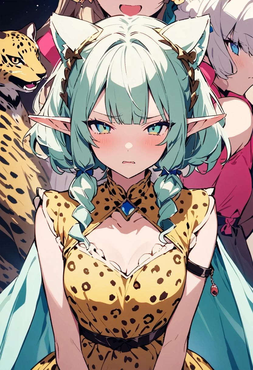 masterpiece, Highest quality, Illustration of the novel, High resolution, 18+ Adult content, Sensual, Intimate, Emotional, Passionate, romantic, sweet, Adorable, Innocent, Pure, charmな, charmな, charm, mysterious, charmな, charmな, Immersive, charmな, dream-like, Surreal, Imaginative, Whimsical, Artistic, Avant-garde, timeless, elegant, Sophisticated, chic, Sophisticated, Personality, original, charmな,((Loli Elf:1.3)),((A look of disgust:1.3))、Upper Body、(A Cheetah/A cheetah/Cheetah Dress:1.3)