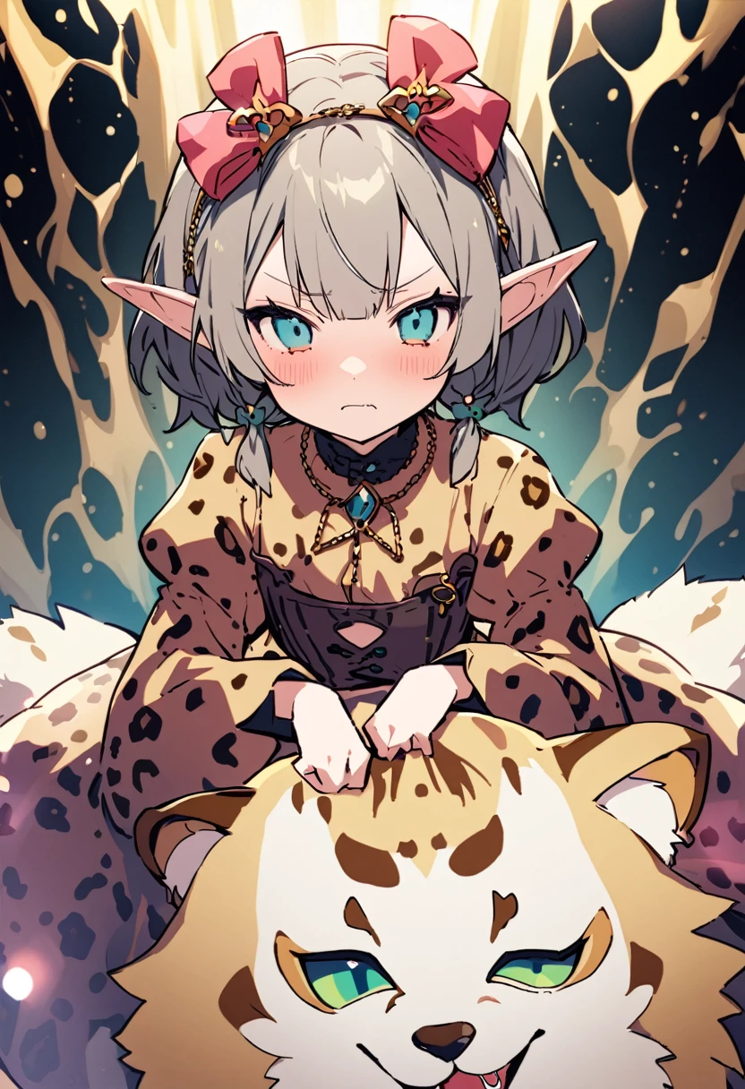 masterpiece, Highest quality, Illustration of the novel, High resolution,  , Sensual, Intimate, Emotional, Passionate, romantic, sweet, Adorable, Innocent, Pure, charmな, charmな, charm, mysterious, charmな, charmな, Immersive, charmな, dream-like, Surreal, Imaginative, Whimsical, Artistic, Avant-garde, timeless, elegant, Sophisticated, chic, Sophisticated, Personality, original, charmな,(( Elf:1.3)),((A look of disgust:1.3))、Upper Body、(A Cheetah/A cheetah/Cheetah Dress:1.3)