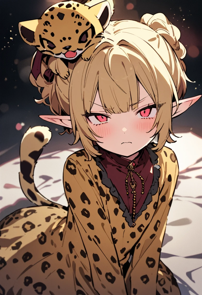 masterpiece, Highest quality, Illustration of the novel, High resolution,  , Sensual, Intimate, Emotional, Passionate, romantic, sweet, Adorable, Innocent, Pure, charmな, charmな, charm, mysterious, charmな, charmな, Immersive, charmな, dream-like, Surreal, Imaginative, Whimsical, Artistic, Avant-garde, timeless, elegant, Sophisticated, chic, Sophisticated, Personality, original, charmな,(( Elf:1.3)),((A look of disgust:1.3))、Upper Body、(A Cheetah/A cheetah/Cheetah Dress:1.3)