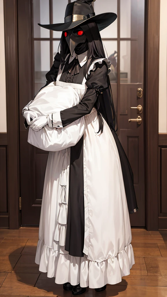 Full body, plague doctor mask, 19th century, adult female, classic maid, beautiful hair, straight black hair,