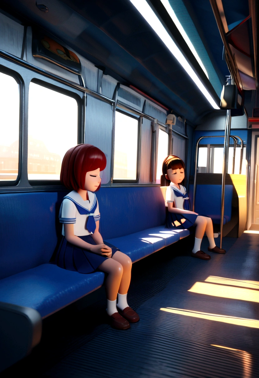 Create 3D Pixar-style cartoon scenes, ,Wearing a sailor uniform,The girl in front of me,Sitting and sleeping on a train.
