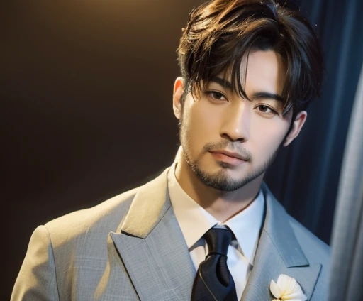 masterpiece ,high quality ,1 middle aged male ,sharp nose ,adam's apple ,larynx ,japanese ,suit ,black hair ,brown eyes, short beard