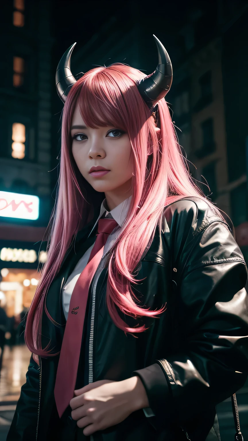 1girl, long pink hair, red horns, white collared shirt, black necktie, light smile, yellow eyes, corneo_power,, buildings,shops,town streets, dark sky, scenery,neon signs,night city, japanese lyrics,, , absurdres, detailed eyes, extremely detailed, volumetric lighting, realistic, realistic lighting, 8k, cinematic lighting, depth of field, perfect, hyper-detailed, photorealistic, ultra realistic, realistic light, hard lighting, intricate details, stop motion, tonemapping, sharp focus, hyper detailed,