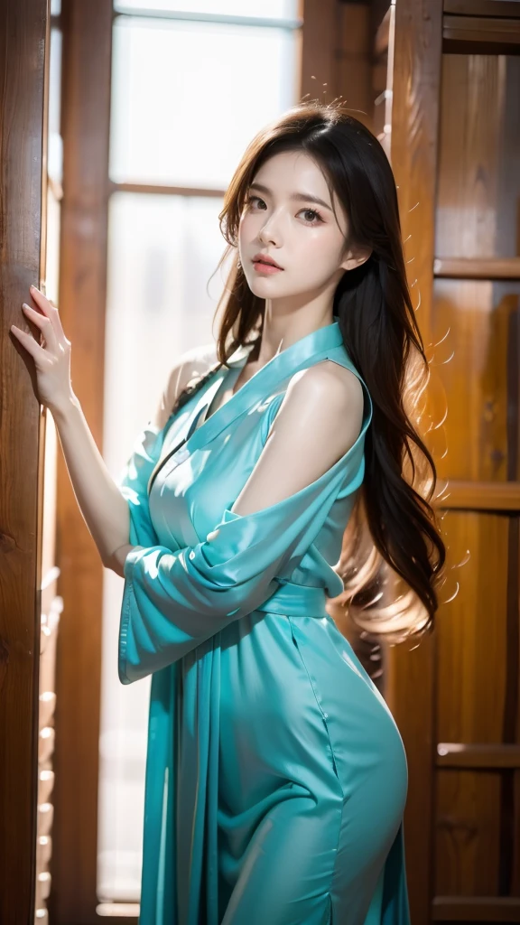 (masterpiece, best quality:1.2),1girl,Hanfu,front，Standing，（whole body：1.5），Dynamic poses，Bright eyes，Bright Eyes，Put your hands on your ，